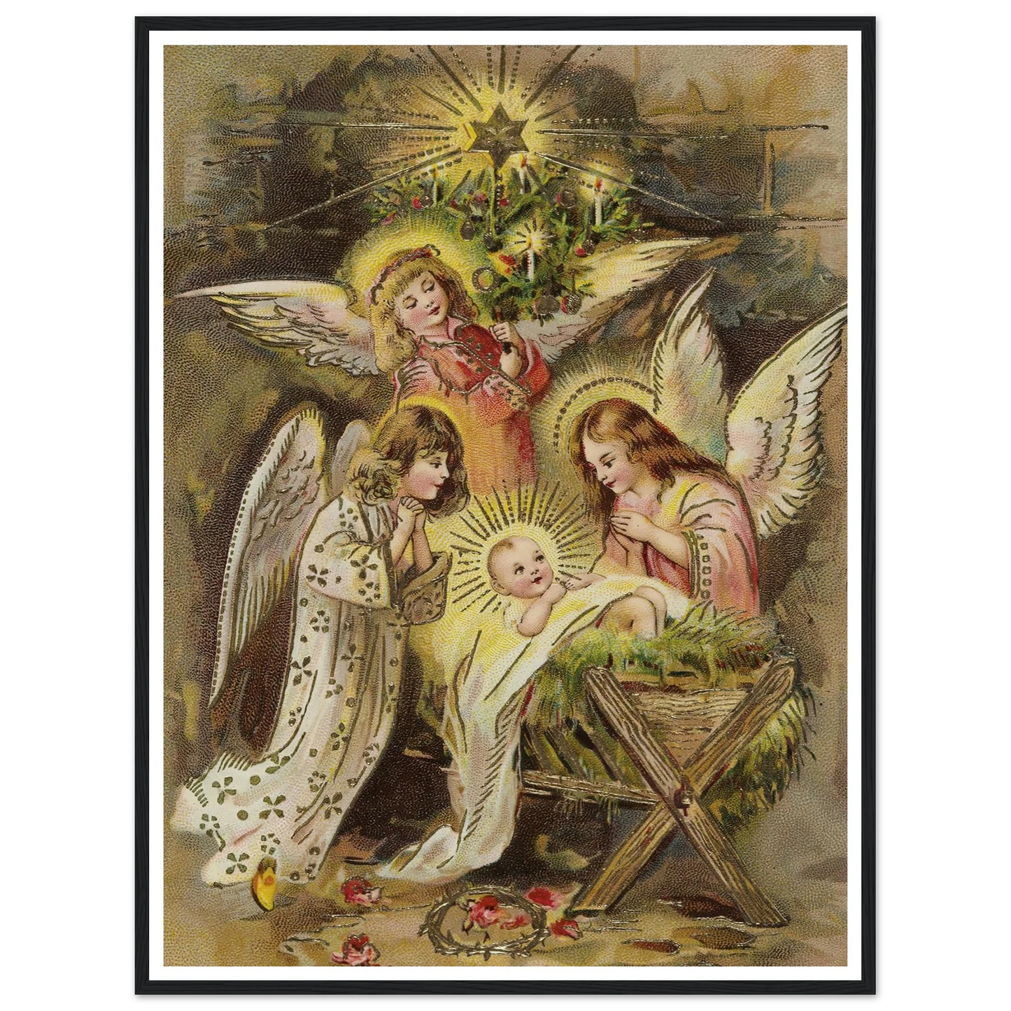 Christmas card with angels and baby Jesus in the manger - Framed Poster - 30x40 cm / 12x16″ - Black frame