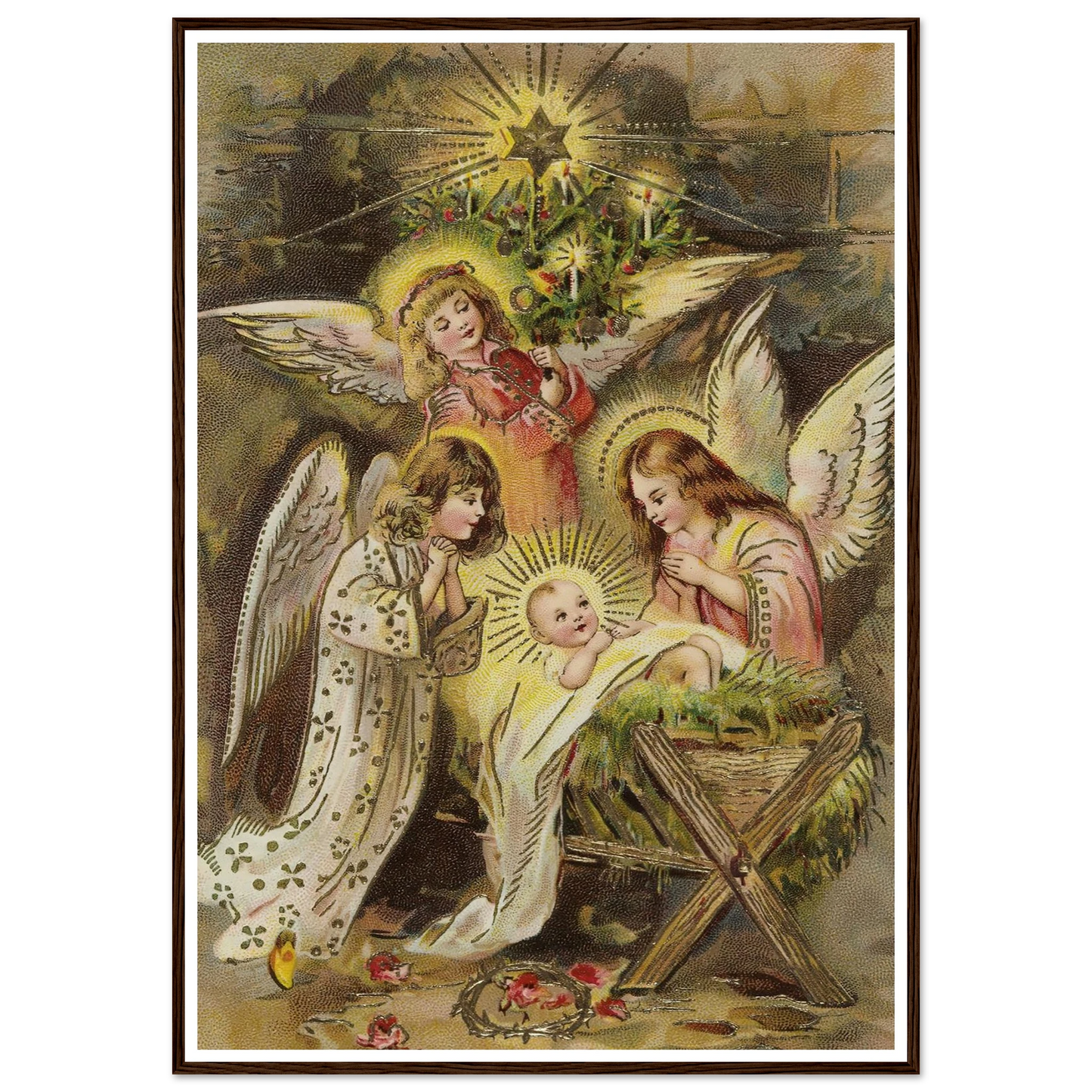Christmas card with angels and baby Jesus in the manger - Framed Poster - 30x40 cm / 12x16″ - Black frame