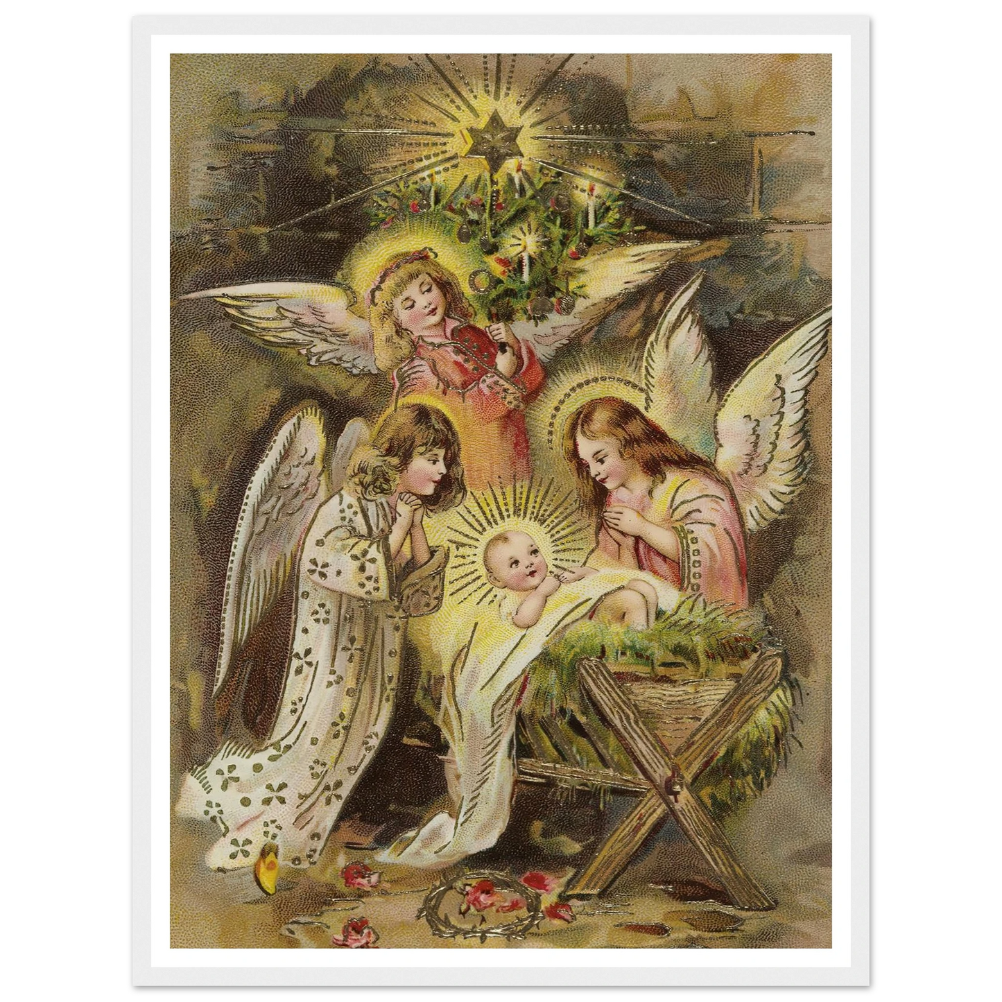 Christmas card with angels and baby Jesus in the manger - Framed Poster - 30x40 cm / 12x16″ - Black frame