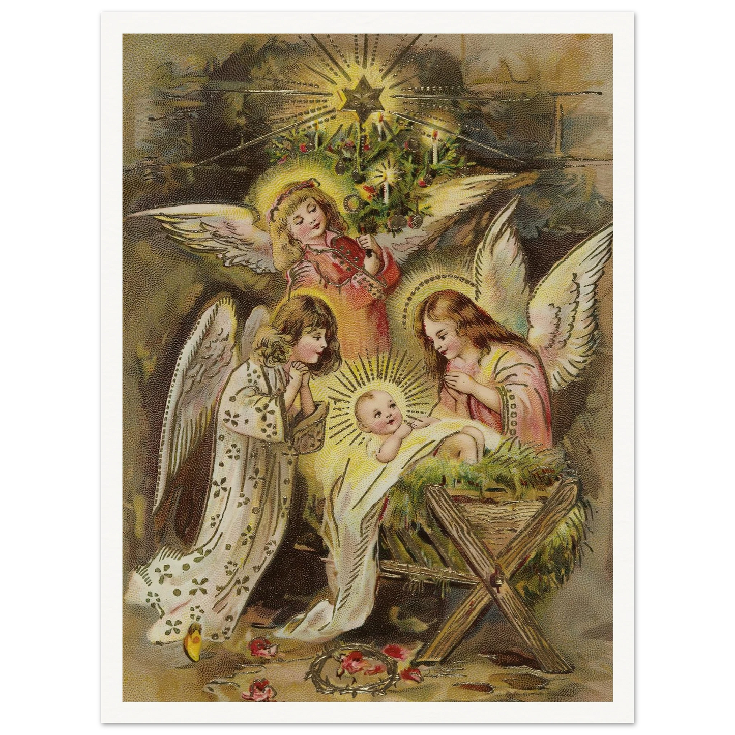 Christmas card with angels and baby Jesus in the manger - Framed Poster - 30x40 cm / 12x16″ - Black frame