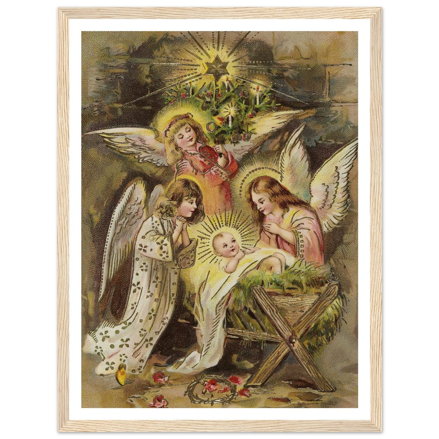 Christmas card with angels and baby Jesus in the manger - Framed Poster - 30x40 cm / 12x16″ - Black frame
