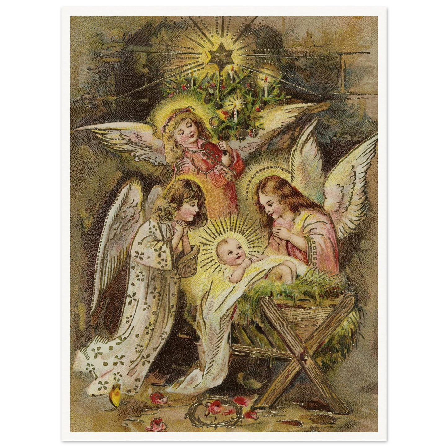 Christmas card with angels and baby Jesus in the manger - Framed Poster - 30x40 cm / 12x16″ - Black frame