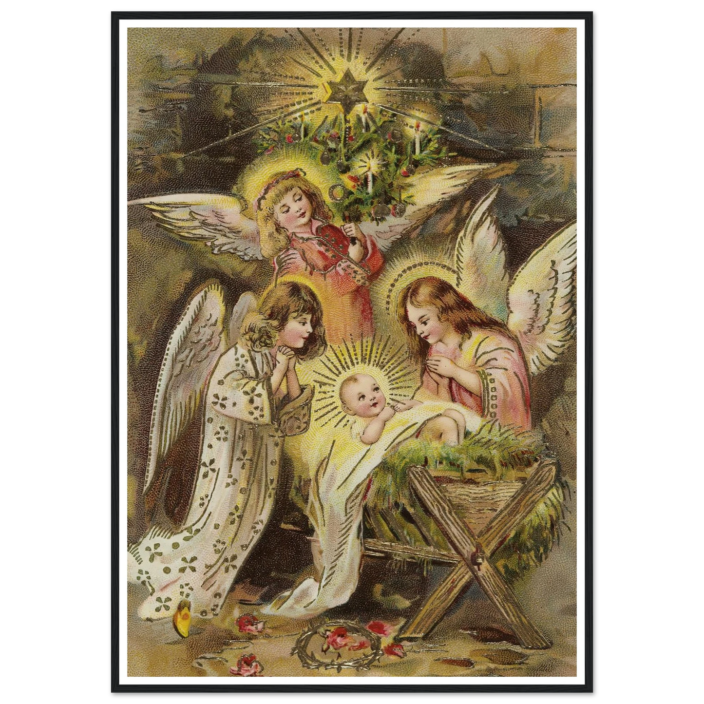 Christmas card with angels and baby Jesus in the manger - Framed Poster - 30x40 cm / 12x16″ - Black frame