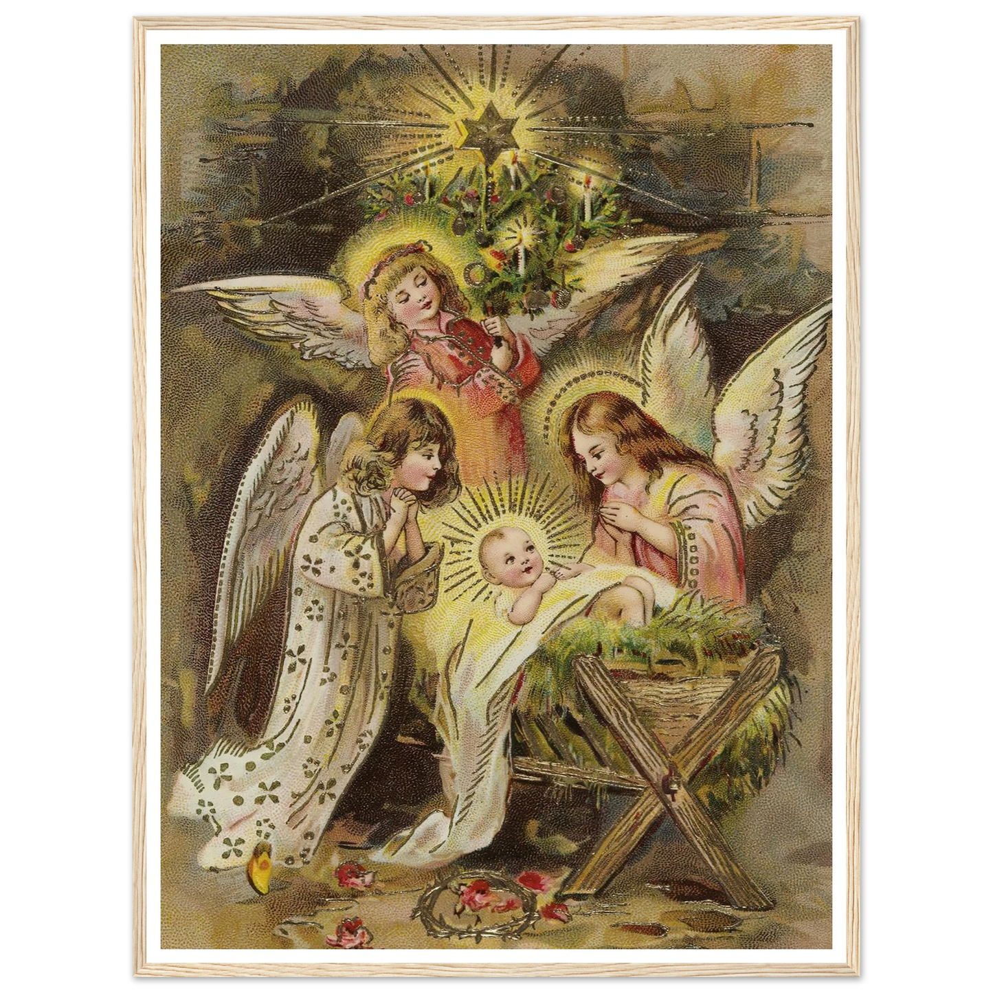Christmas card with angels and baby Jesus in the manger - Framed Poster - 30x40 cm / 12x16″ - Black frame