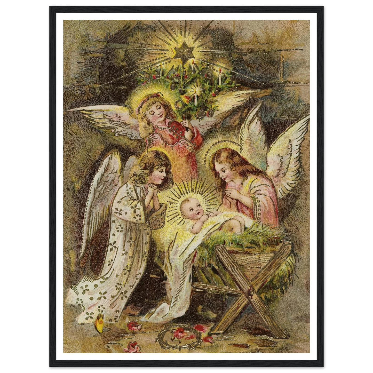 Christmas card with angels and baby Jesus in the manger - Framed Poster - 30x40 cm / 12x16″ - Black frame
