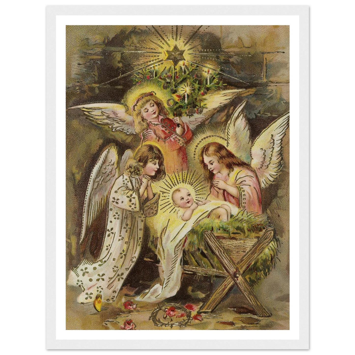 Christmas card with angels and baby Jesus in the manger - Framed Poster - 30x40 cm / 12x16″ - Black frame