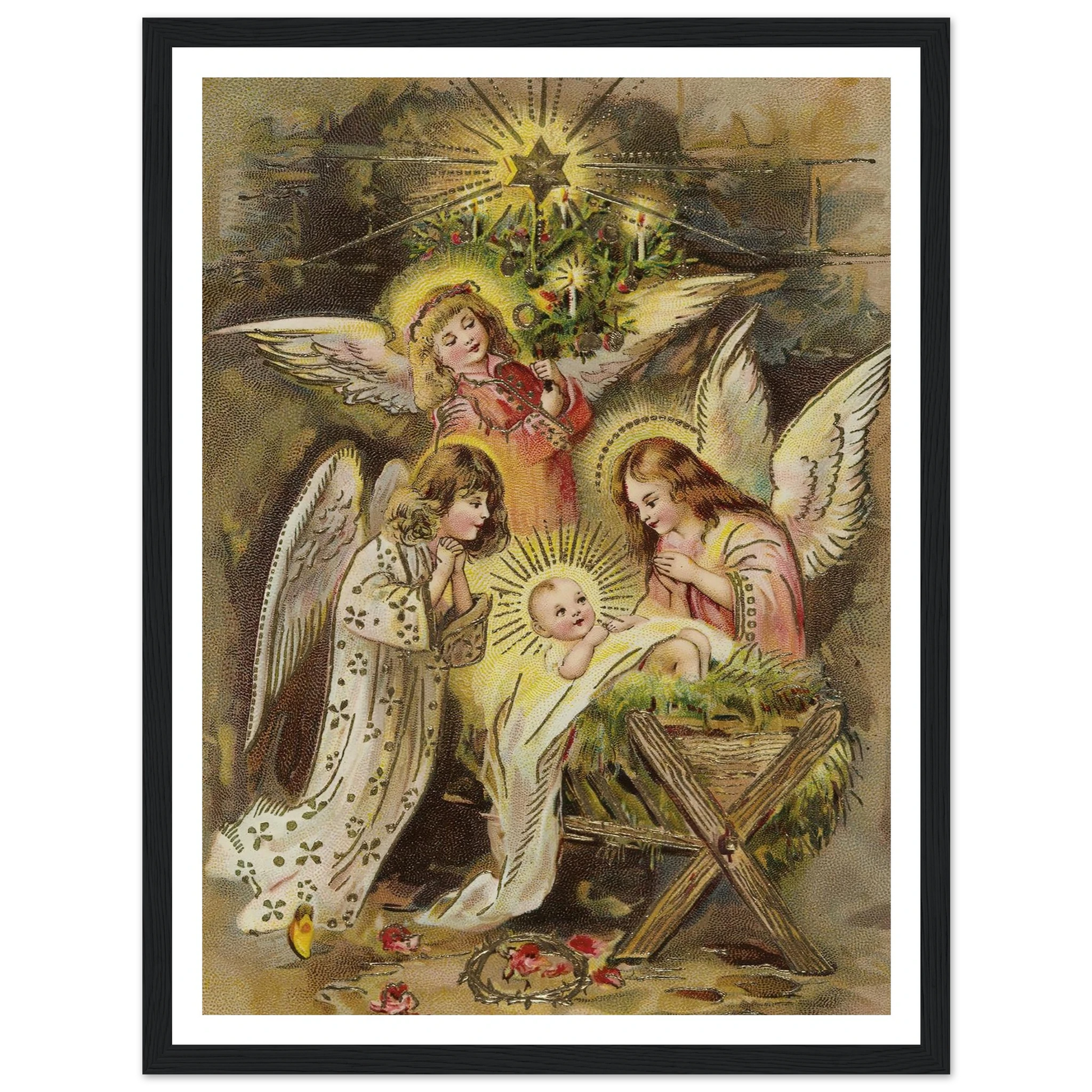 Christmas card with angels and baby Jesus in the manger - Framed Poster - 30x40 cm / 12x16″ - Black frame
