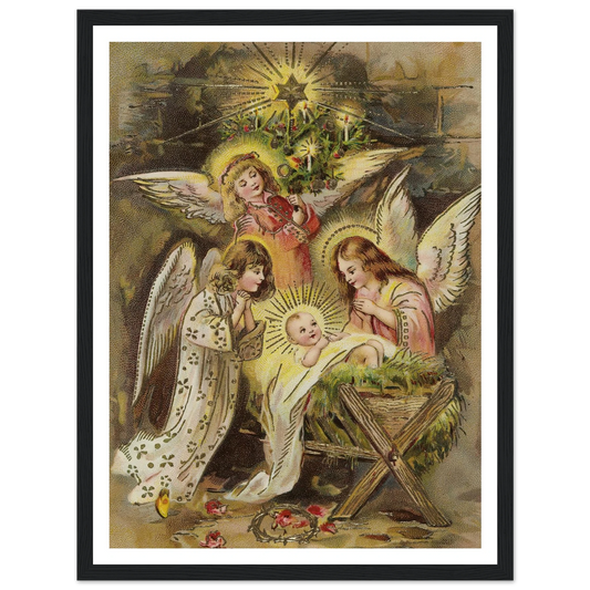 Christmas card with angels and baby Jesus in the manger - Framed Poster - 30x40 cm / 12x16″ - Black frame