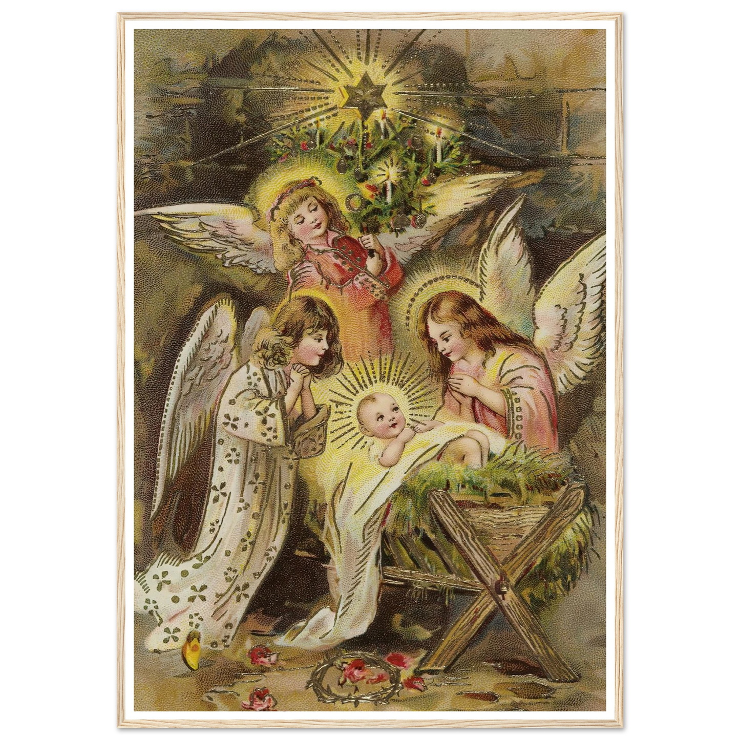 Christmas card with angels and baby Jesus in the manger - Framed Poster - 30x40 cm / 12x16″ - Black frame