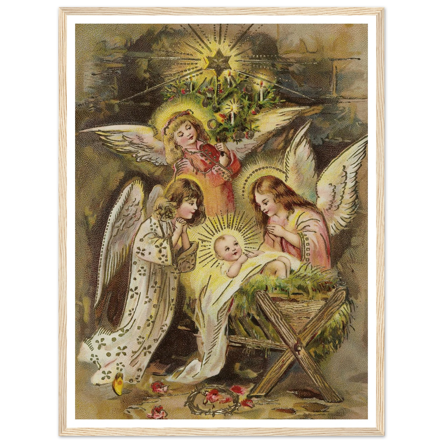 Christmas card with angels and baby Jesus in the manger - Framed Poster - 30x40 cm / 12x16″ - Black frame