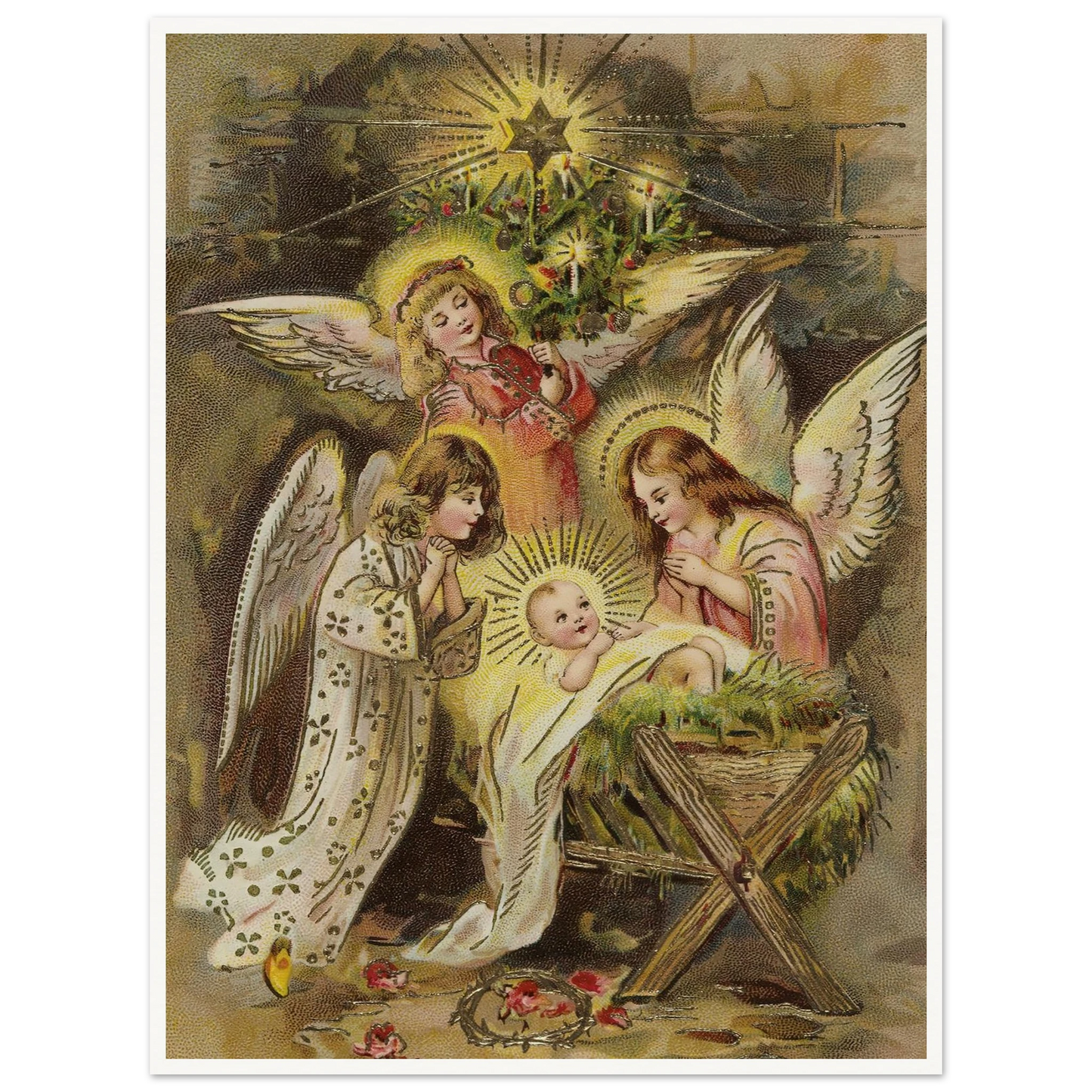 Christmas card with angels and baby Jesus in the manger - Framed Poster - 30x40 cm / 12x16″ - Black frame