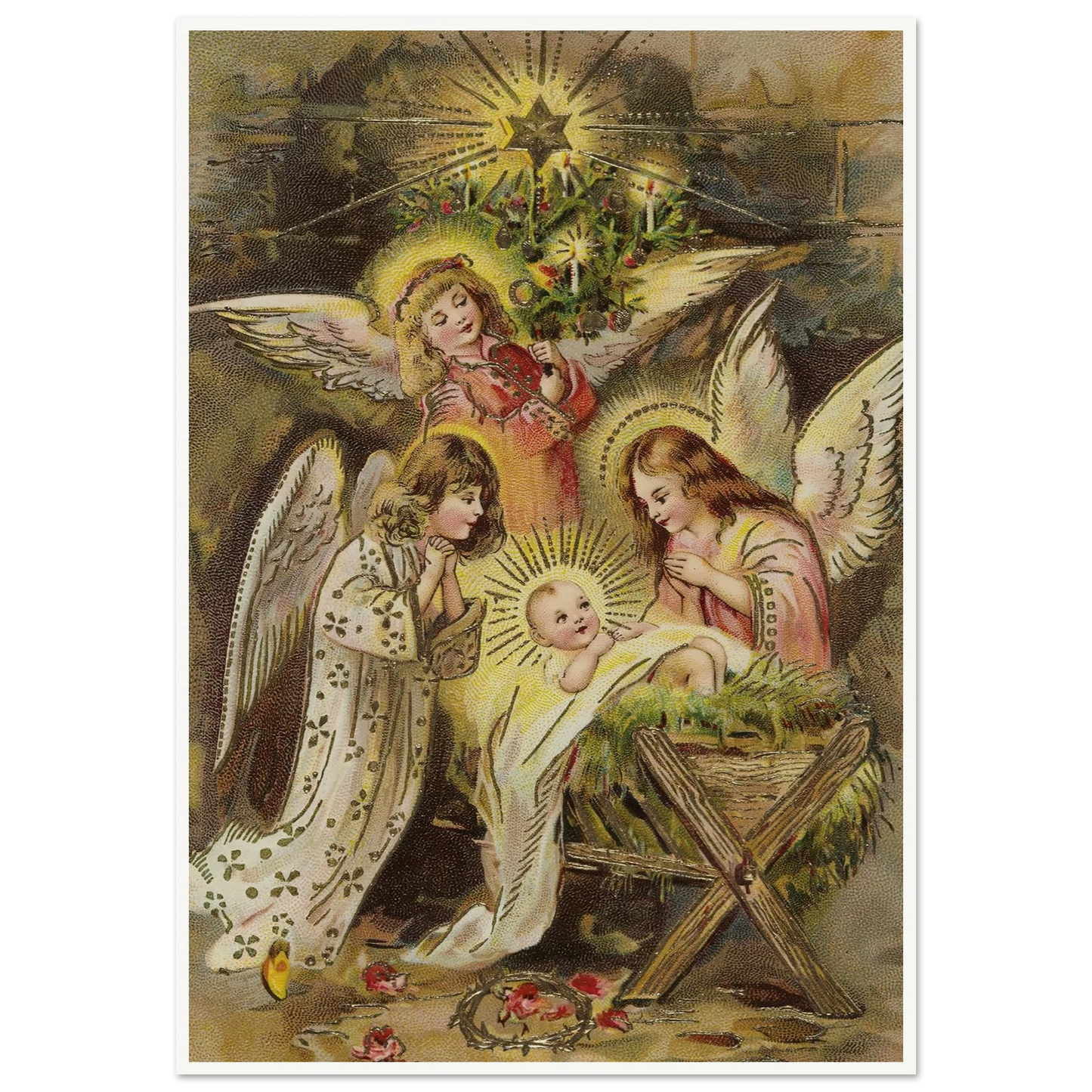 Christmas card with angels and baby Jesus in the manger - Framed Poster - 30x40 cm / 12x16″ - Black frame