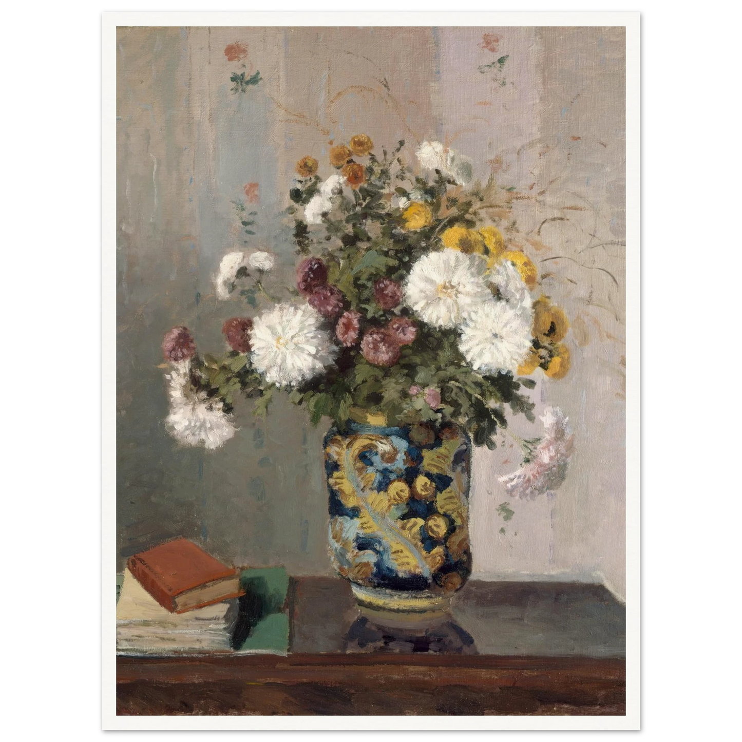 Chrysanthemums in a Chinese Vase (1873) Art Print | Camille Pissarro - Framed Poster - 30x40 cm / 12x16″ - Black frame