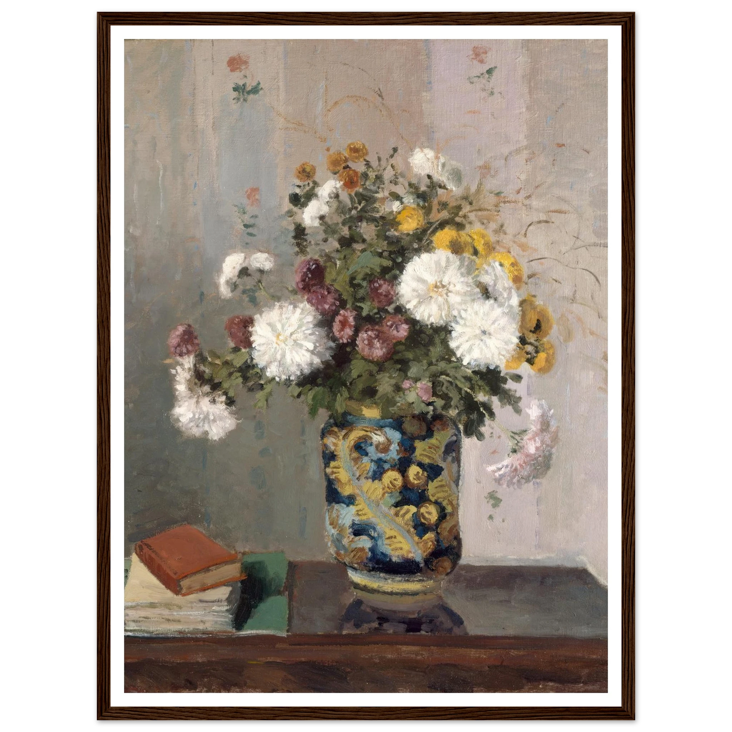 Chrysanthemums in a Chinese Vase (1873) Art Print | Camille Pissarro - Framed Poster - 30x40 cm / 12x16″ - Black frame