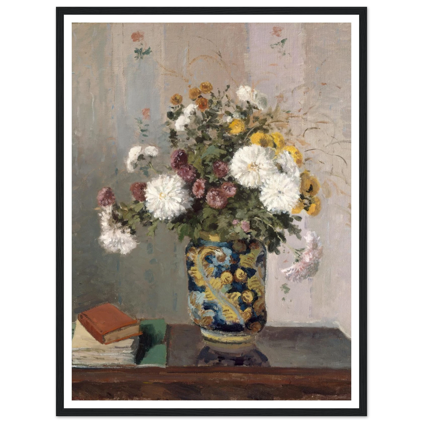 Chrysanthemums in a Chinese Vase (1873) Art Print | Camille Pissarro - Framed Poster - 30x40 cm / 12x16″ - Black frame