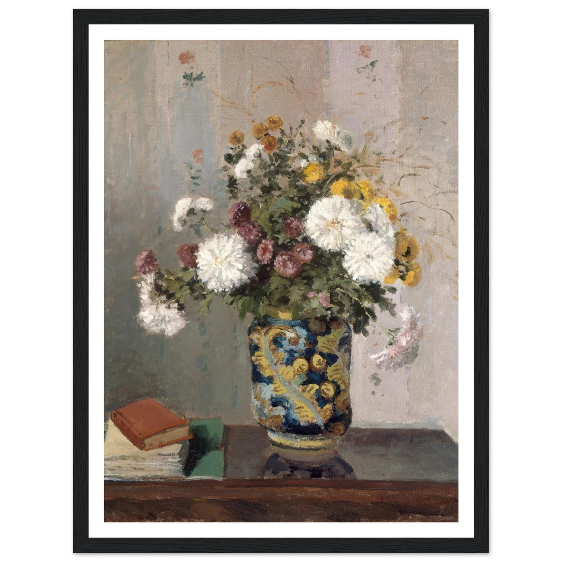 Chrysanthemums in a Chinese Vase (1873) Art Print | Camille Pissarro - Framed Poster - 30x40 cm / 12x16″ - Black frame