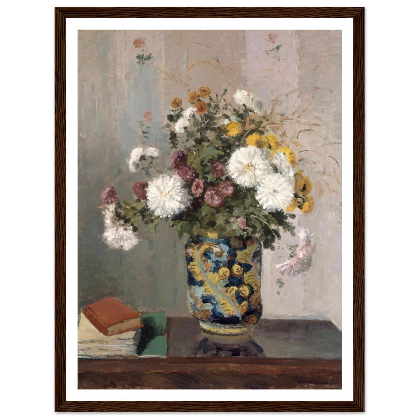 Chrysanthemums in a Chinese Vase (1873) Art Print | Camille Pissarro - Framed Poster - 30x40 cm / 12x16″ - Black frame