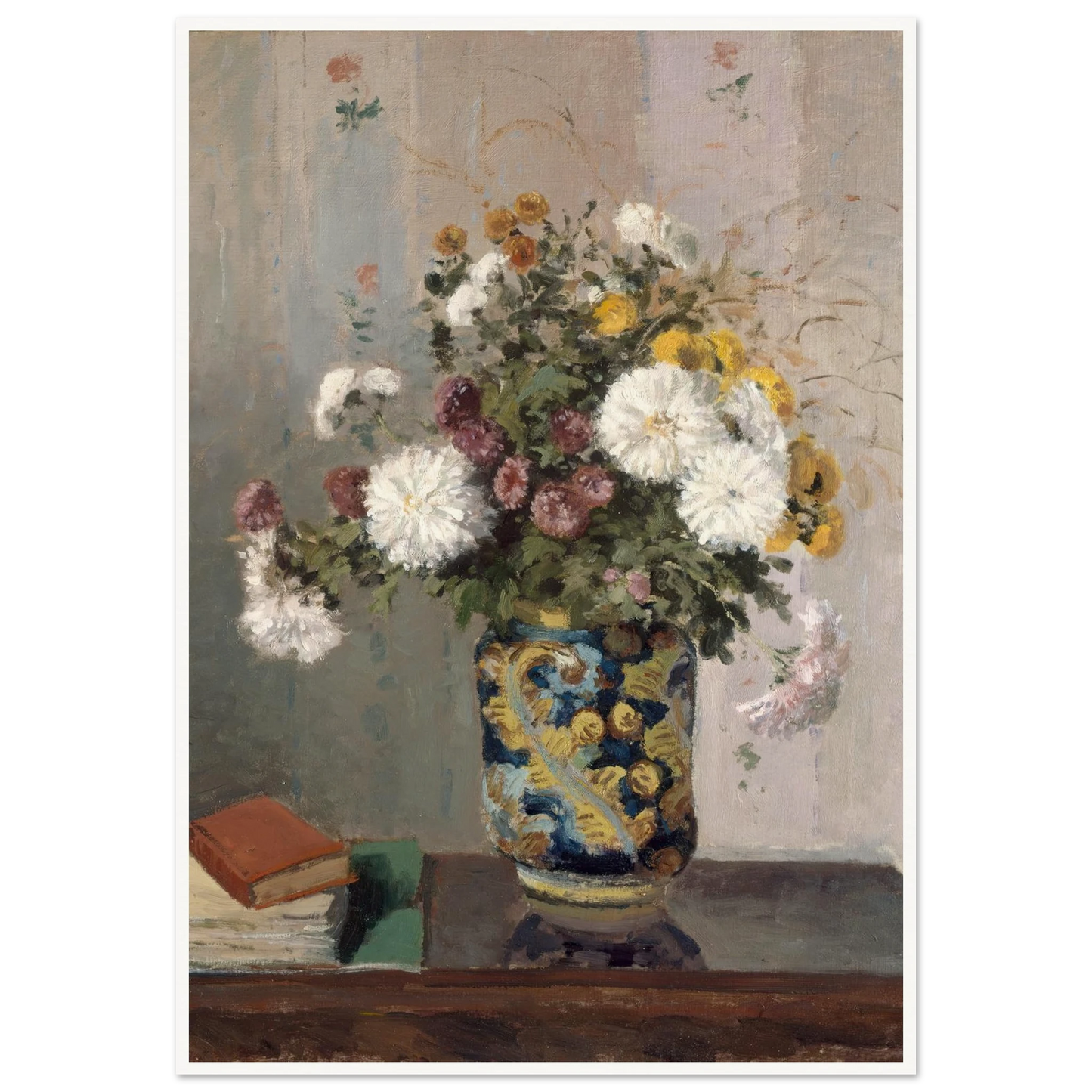 Chrysanthemums in a Chinese Vase (1873) Art Print | Camille Pissarro - Framed Poster - 30x40 cm / 12x16″ - Black frame