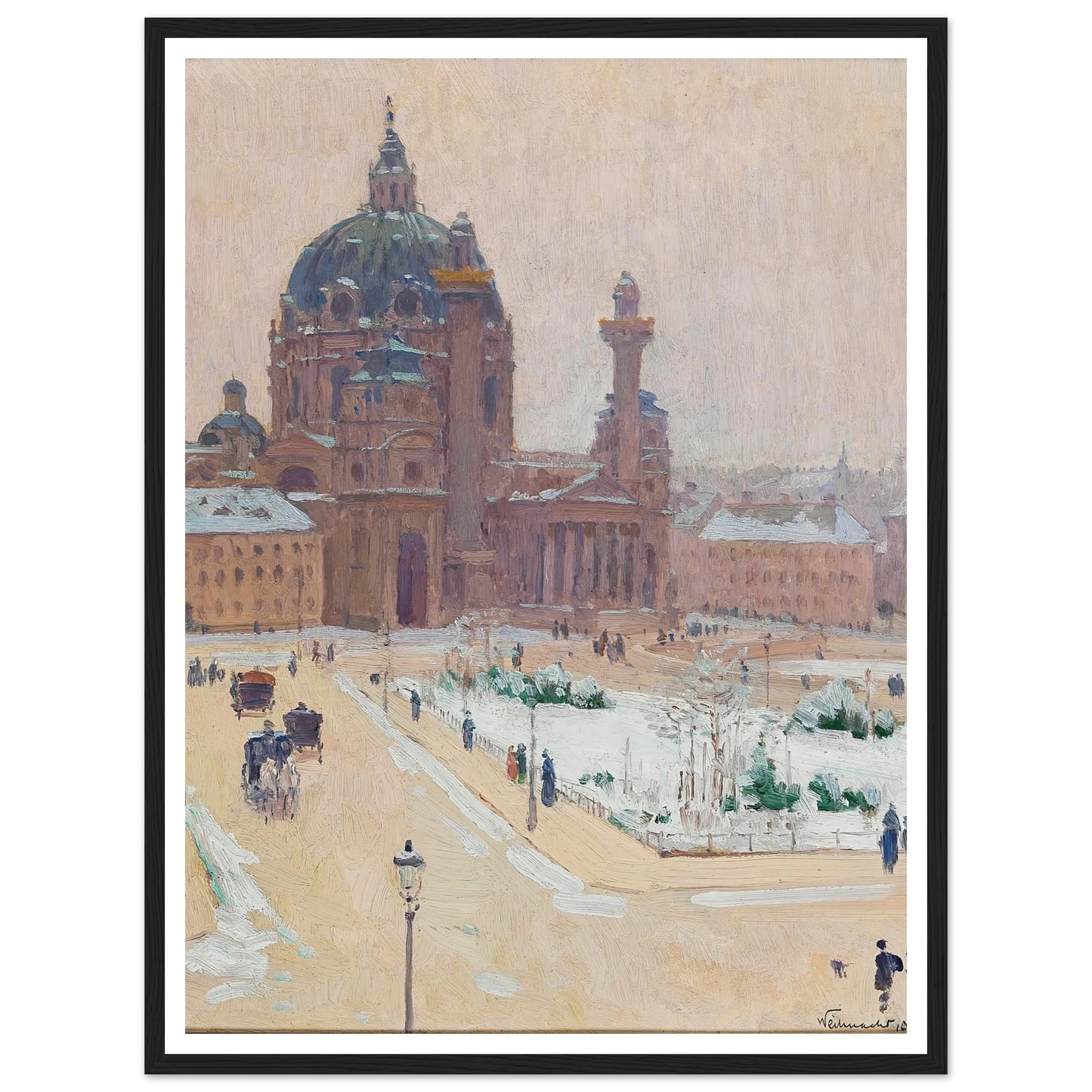 Church of St. Charles in winter Art Print | Carl Moll - Framed Poster - 30x40 cm / 12x16″ - Black frame