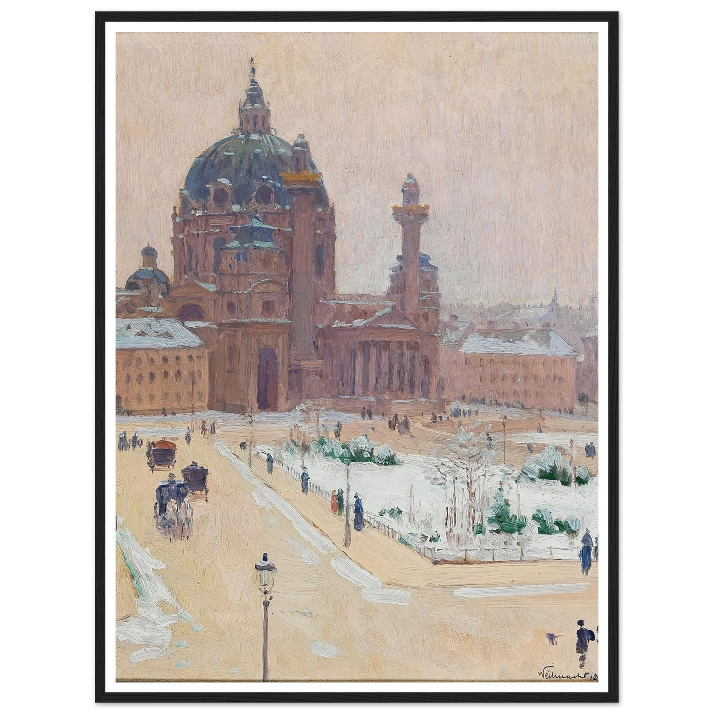 Church of St. Charles in winter Art Print | Carl Moll - Framed Poster - 30x40 cm / 12x16″ - Black frame