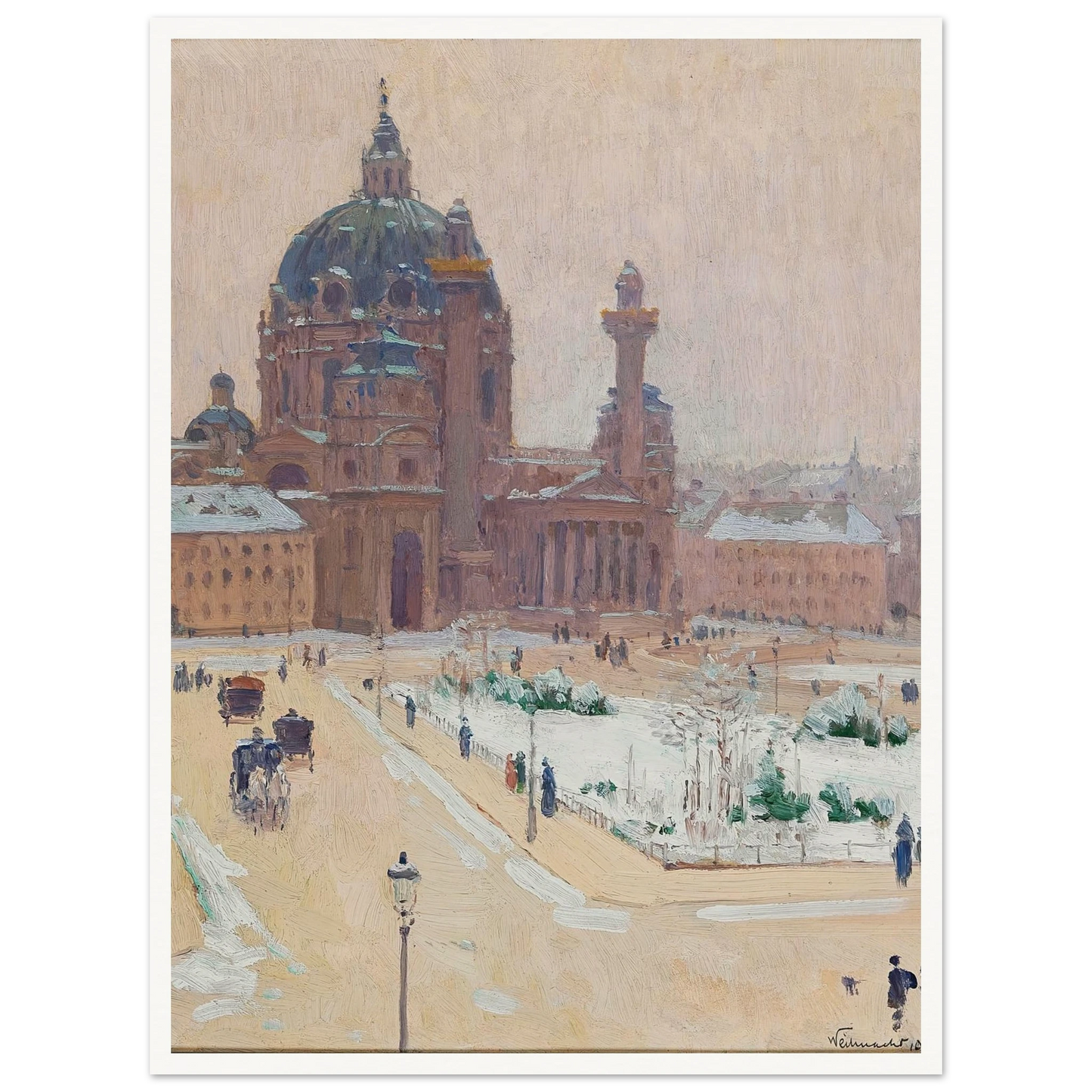 Church of St. Charles in winter Art Print | Carl Moll - Framed Poster - 30x40 cm / 12x16″ - Black frame