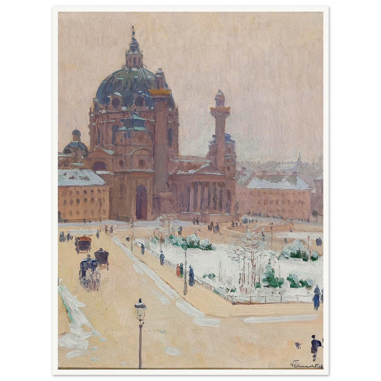 Church of St. Charles in winter Art Print | Carl Moll - Framed Poster - 30x40 cm / 12x16″ - Black frame