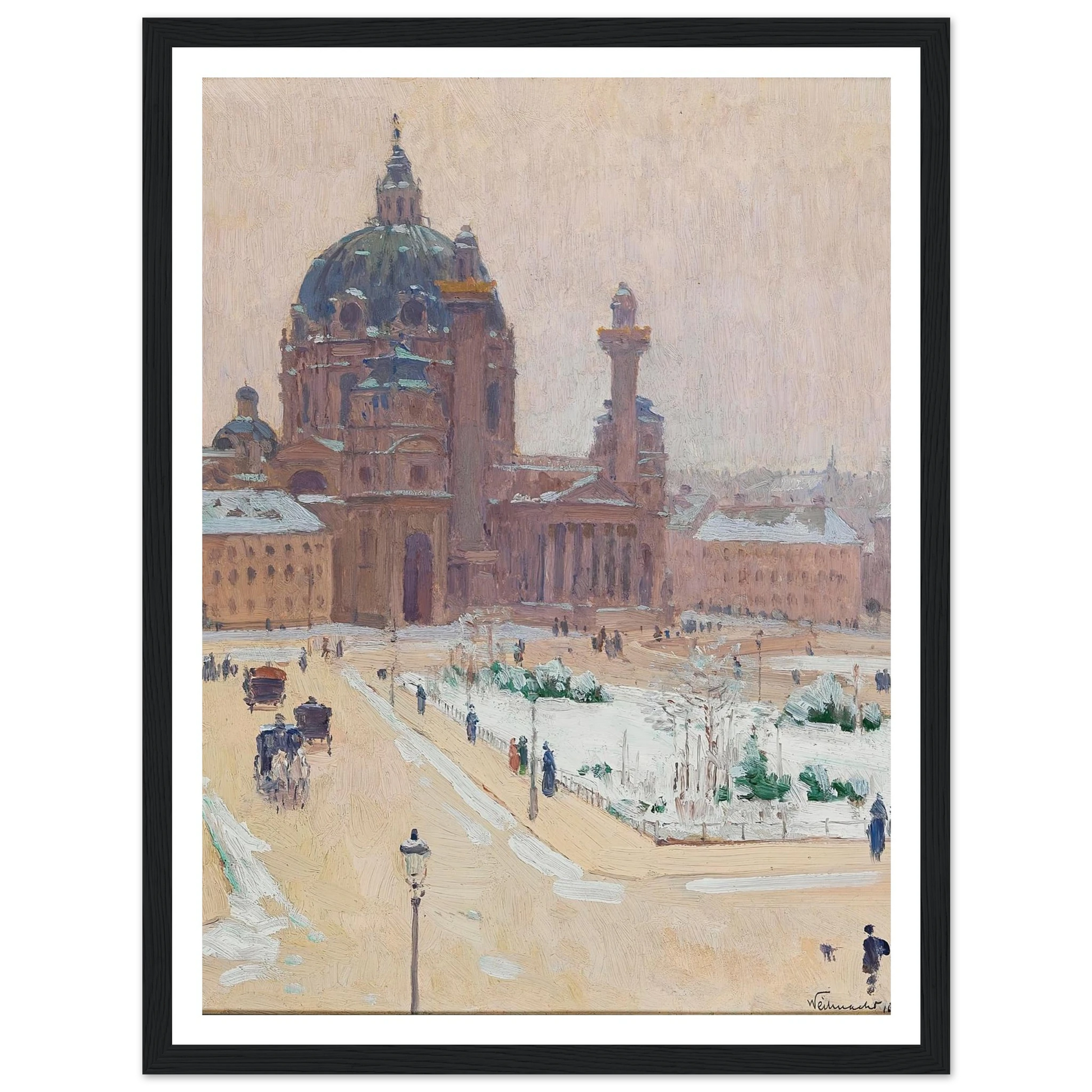 Church of St. Charles in winter Art Print | Carl Moll - Framed Poster - 30x40 cm / 12x16″ - Black frame