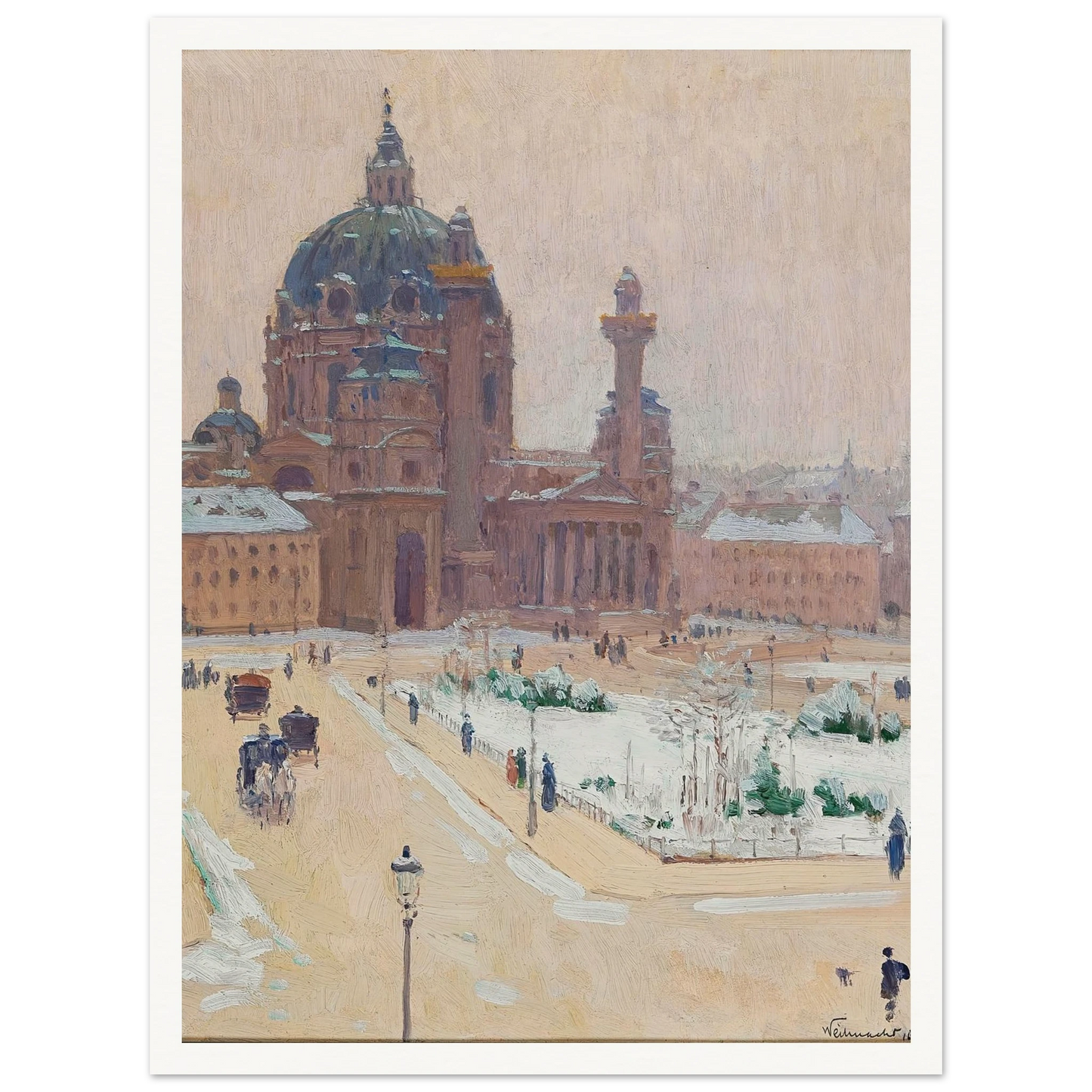 Church of St. Charles in winter Art Print | Carl Moll - Framed Poster - 30x40 cm / 12x16″ - Black frame
