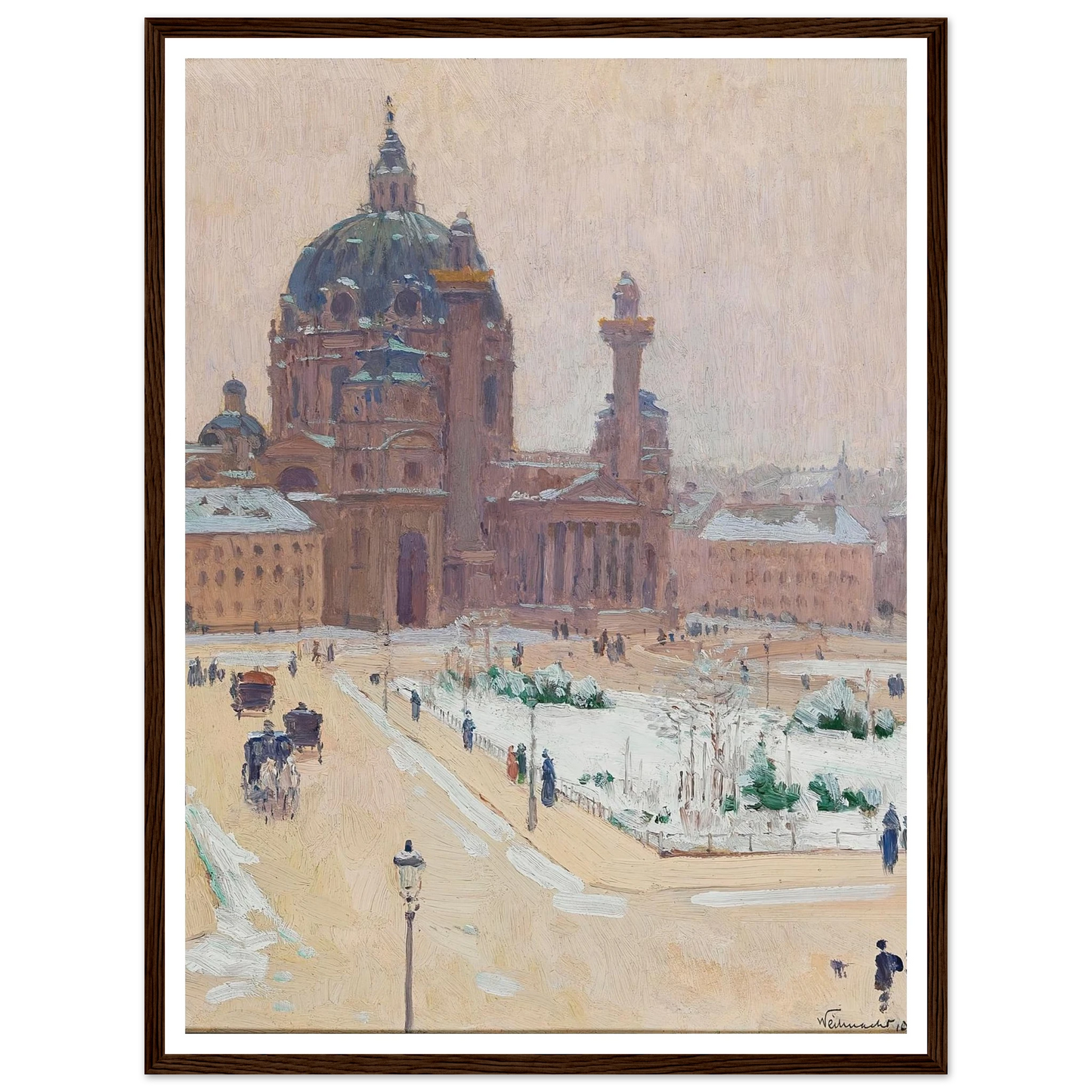 Church of St. Charles in winter Art Print | Carl Moll - Framed Poster - 30x40 cm / 12x16″ - Black frame