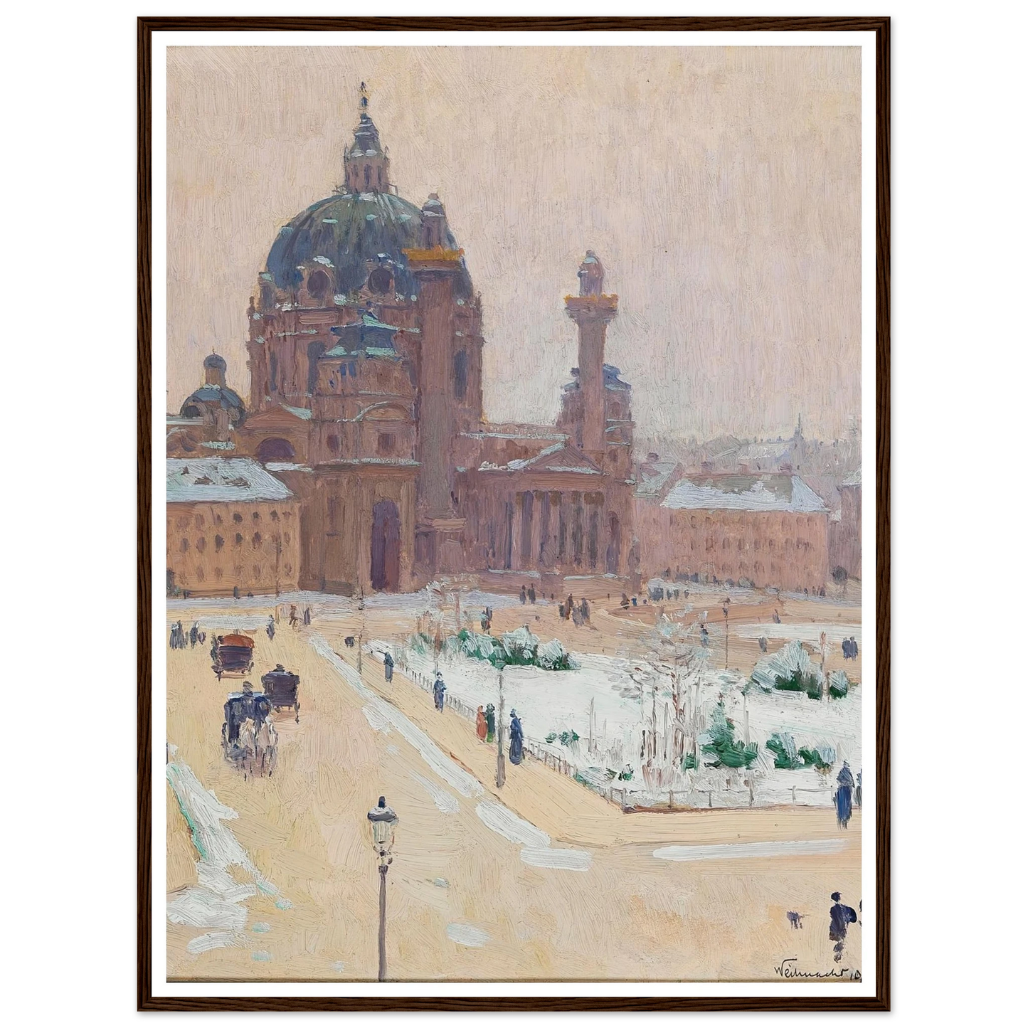 Church of St. Charles in winter Art Print | Carl Moll - Framed Poster - 30x40 cm / 12x16″ - Black frame