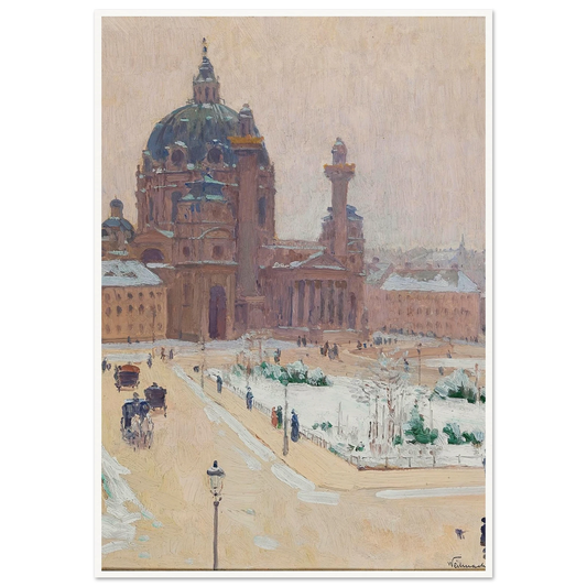 Church of St. Charles in winter Art Print | Carl Moll - Framed Poster - 30x40 cm / 12x16″ - Black frame