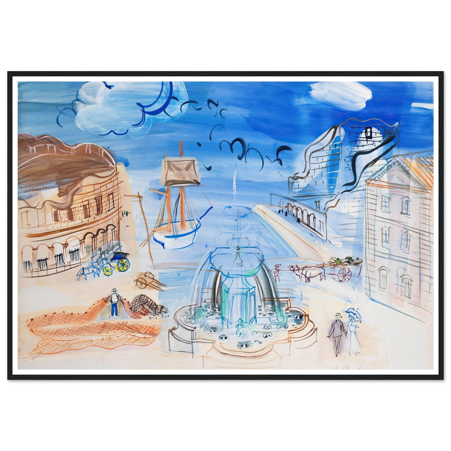 Composition au port et à la fontaine (circa 1950) Art Print | Raoul Dufy - Framed Poster - 30x40 cm / 12x16″ - Black frame