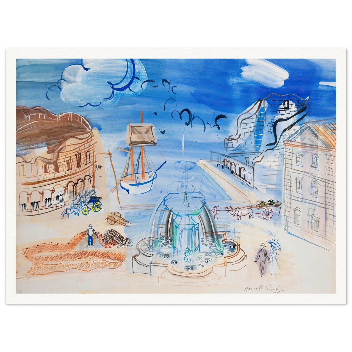Composition au port et à la fontaine (circa 1950) Art Print | Raoul Dufy - Framed Poster - 30x40 cm / 12x16″ - Black frame
