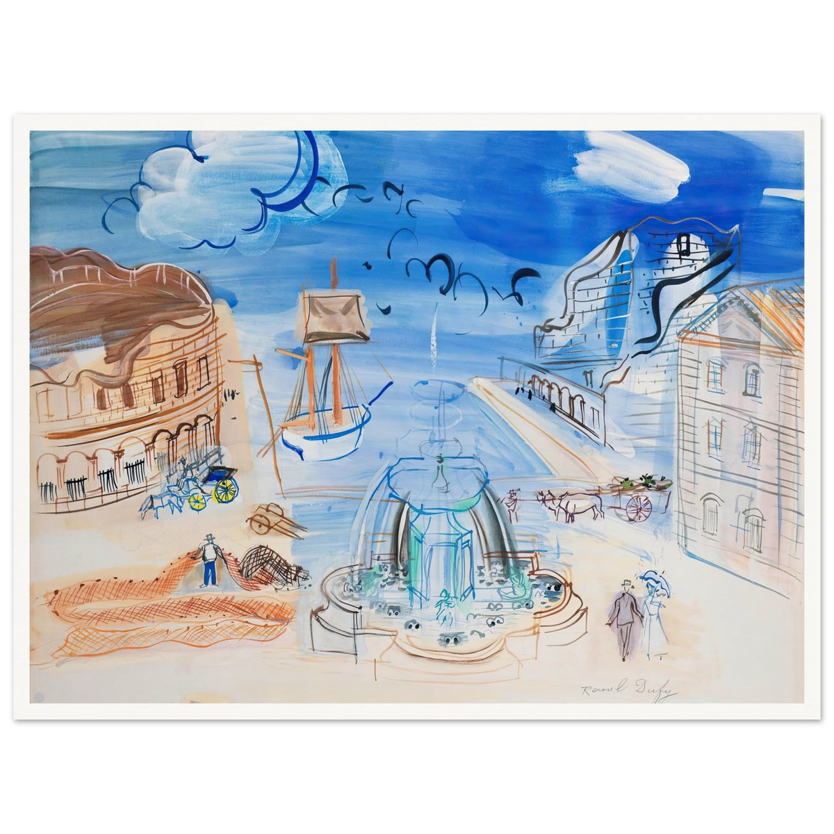 Composition au port et à la fontaine (circa 1950) Art Print | Raoul Dufy - Framed Poster - 30x40 cm / 12x16″ - Black frame