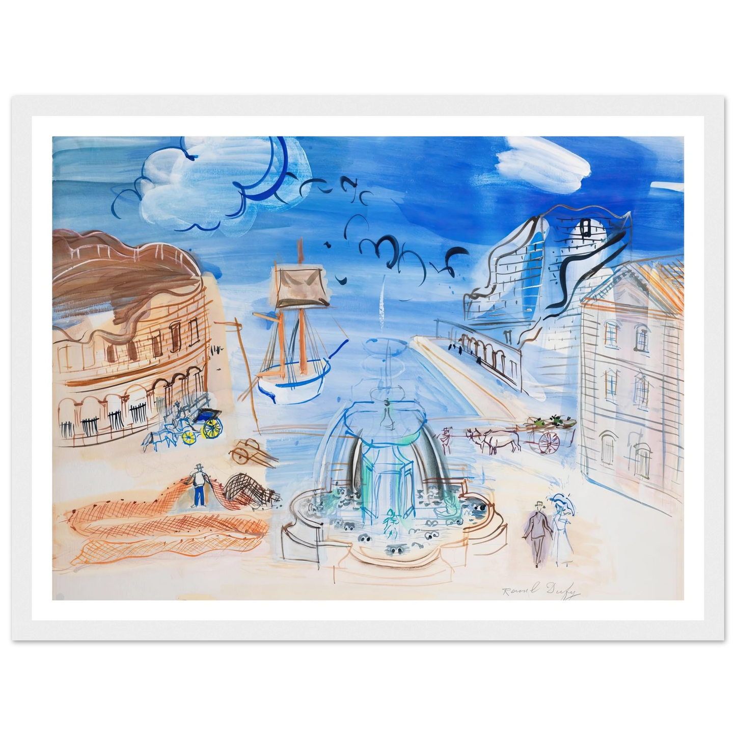 Composition au port et à la fontaine (circa 1950) Art Print | Raoul Dufy - Framed Poster - 30x40 cm / 12x16″ - Black frame