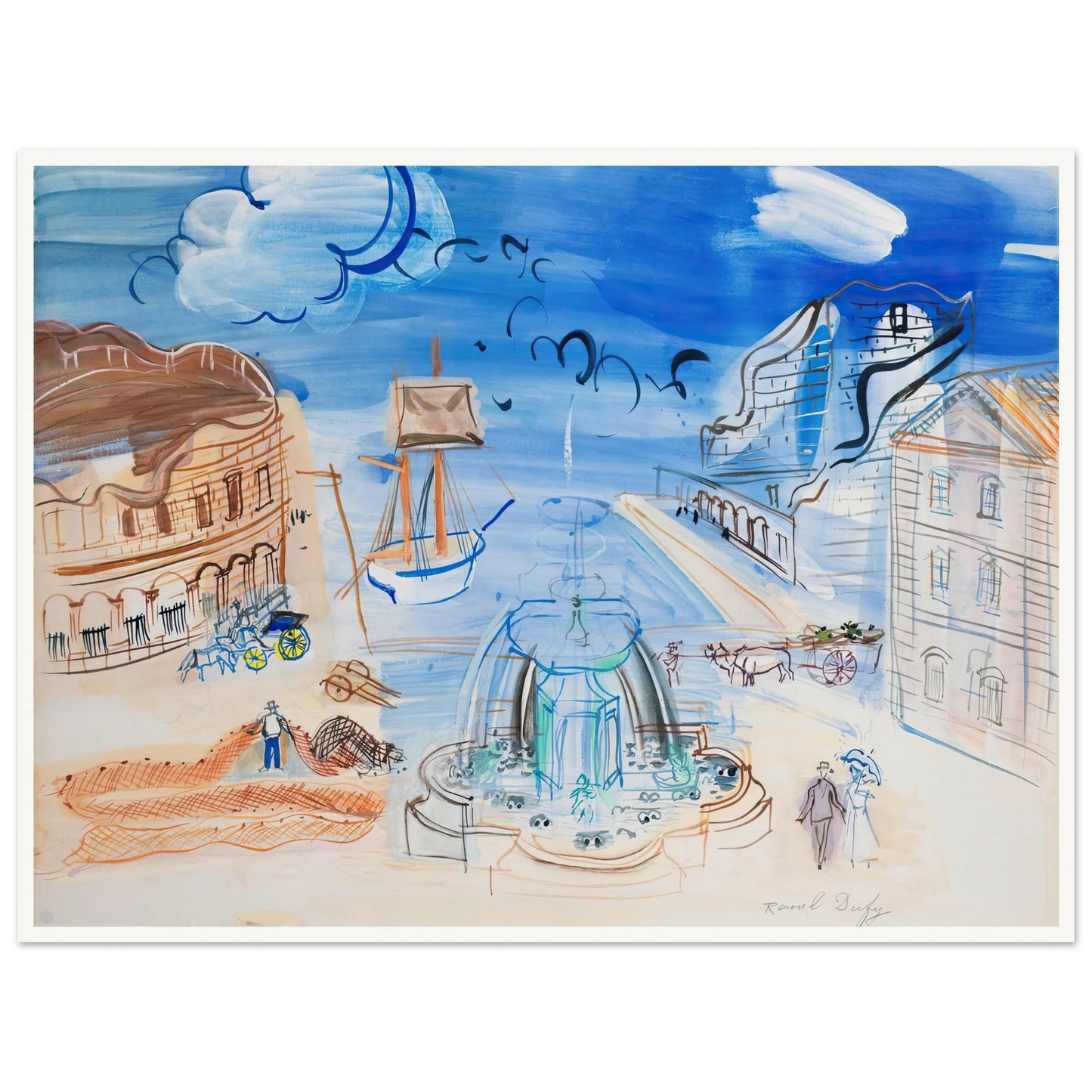 Composition au port et à la fontaine (circa 1950) Art Print | Raoul Dufy - Framed Poster - 30x40 cm / 12x16″ - Black frame