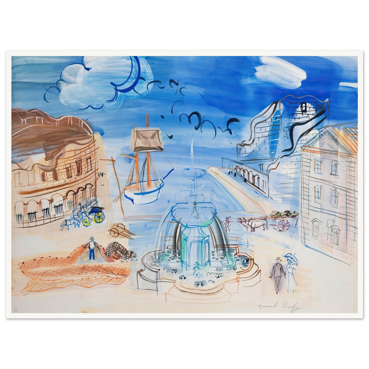 Composition au port et à la fontaine (circa 1950) Art Print | Raoul Dufy - Framed Poster - 30x40 cm / 12x16″ - Black frame