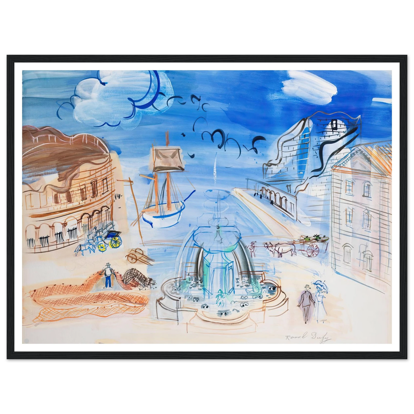 Composition au port et à la fontaine (circa 1950) Art Print | Raoul Dufy - Framed Poster - 30x40 cm / 12x16″ - Black frame