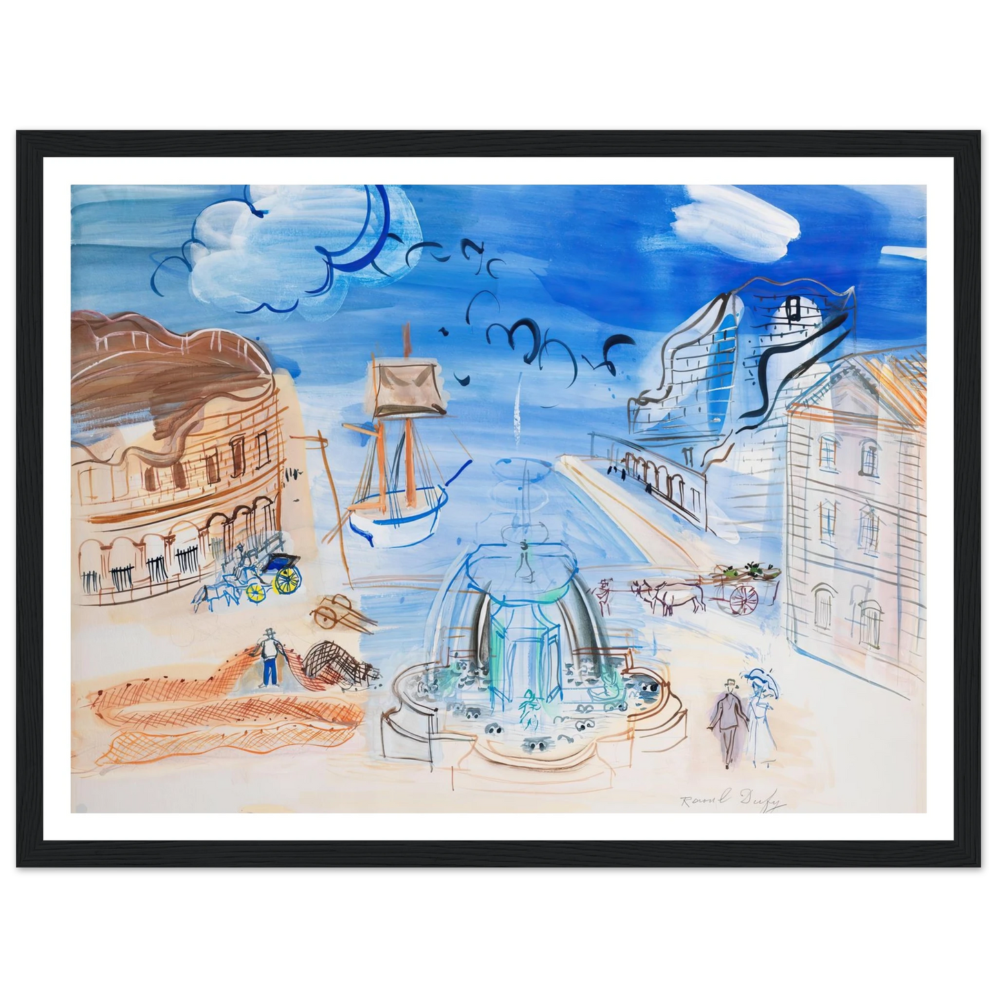 Composition au port et à la fontaine (circa 1950) Art Print | Raoul Dufy - Framed Poster - 30x40 cm / 12x16″ - Black frame
