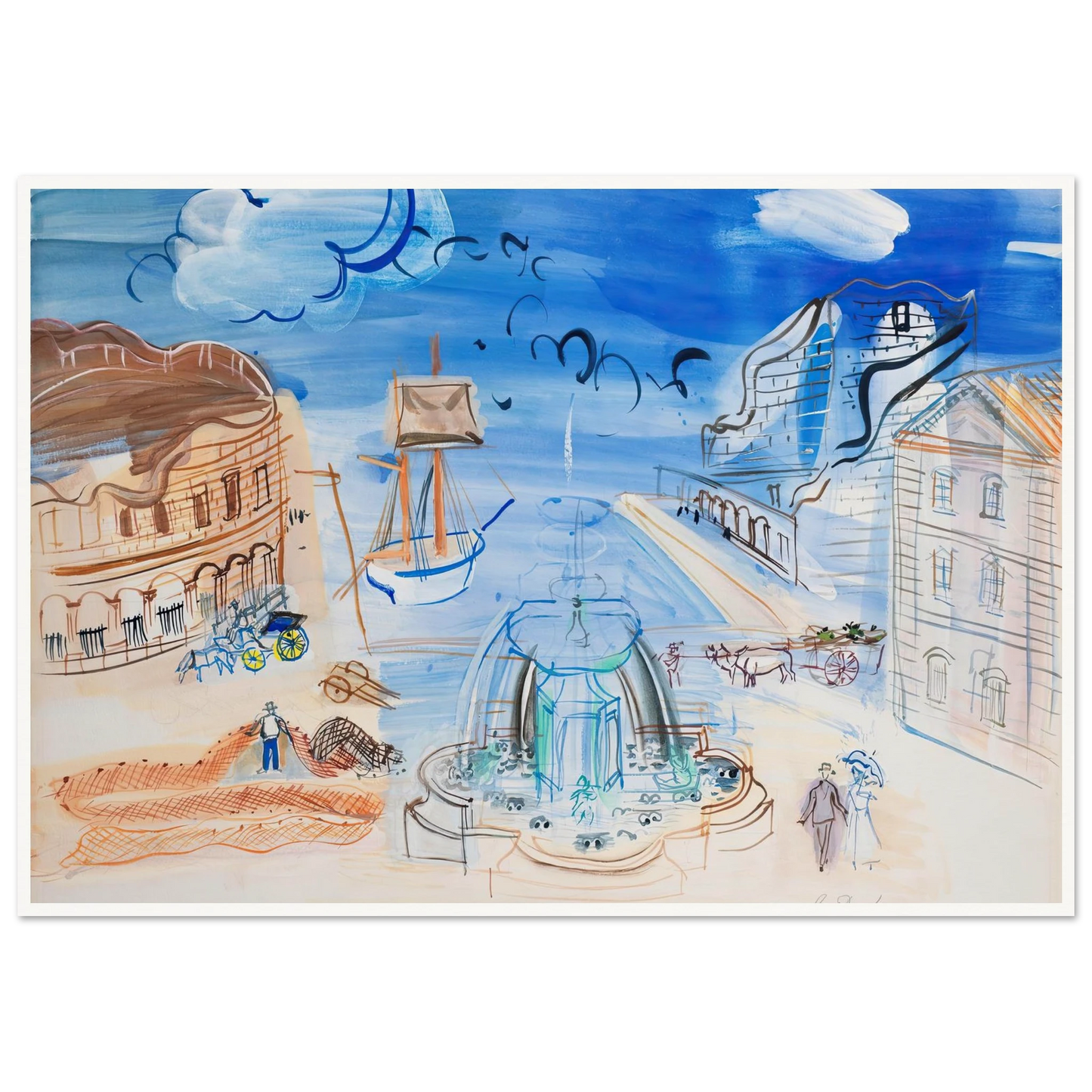 Composition au port et à la fontaine (circa 1950) Art Print | Raoul Dufy - Framed Poster - 30x40 cm / 12x16″ - Black frame