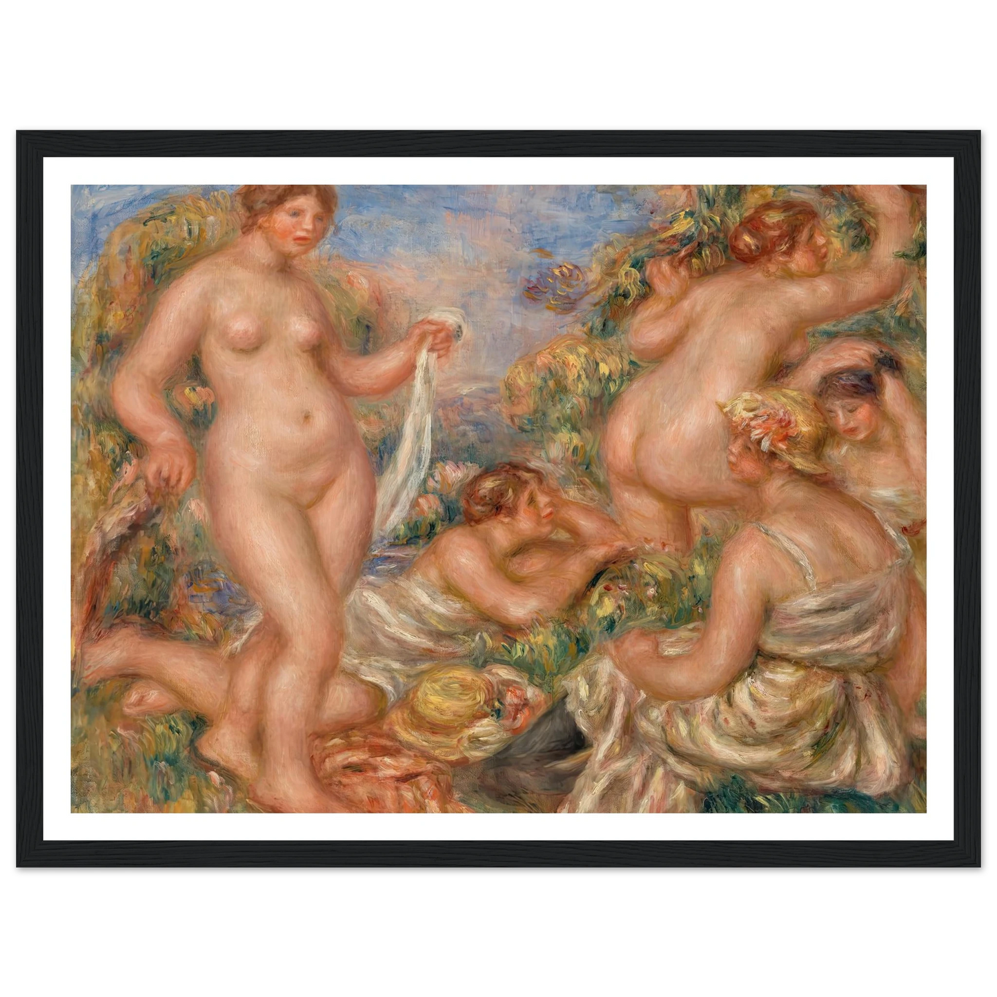 Composition, Five Bathers (Composition, cinq baigneuses) (c. 1917-1918) Art Print | Pierre Auguste Renoir - Framed Poster - 30x40 cm / 12x16″ - Black frame