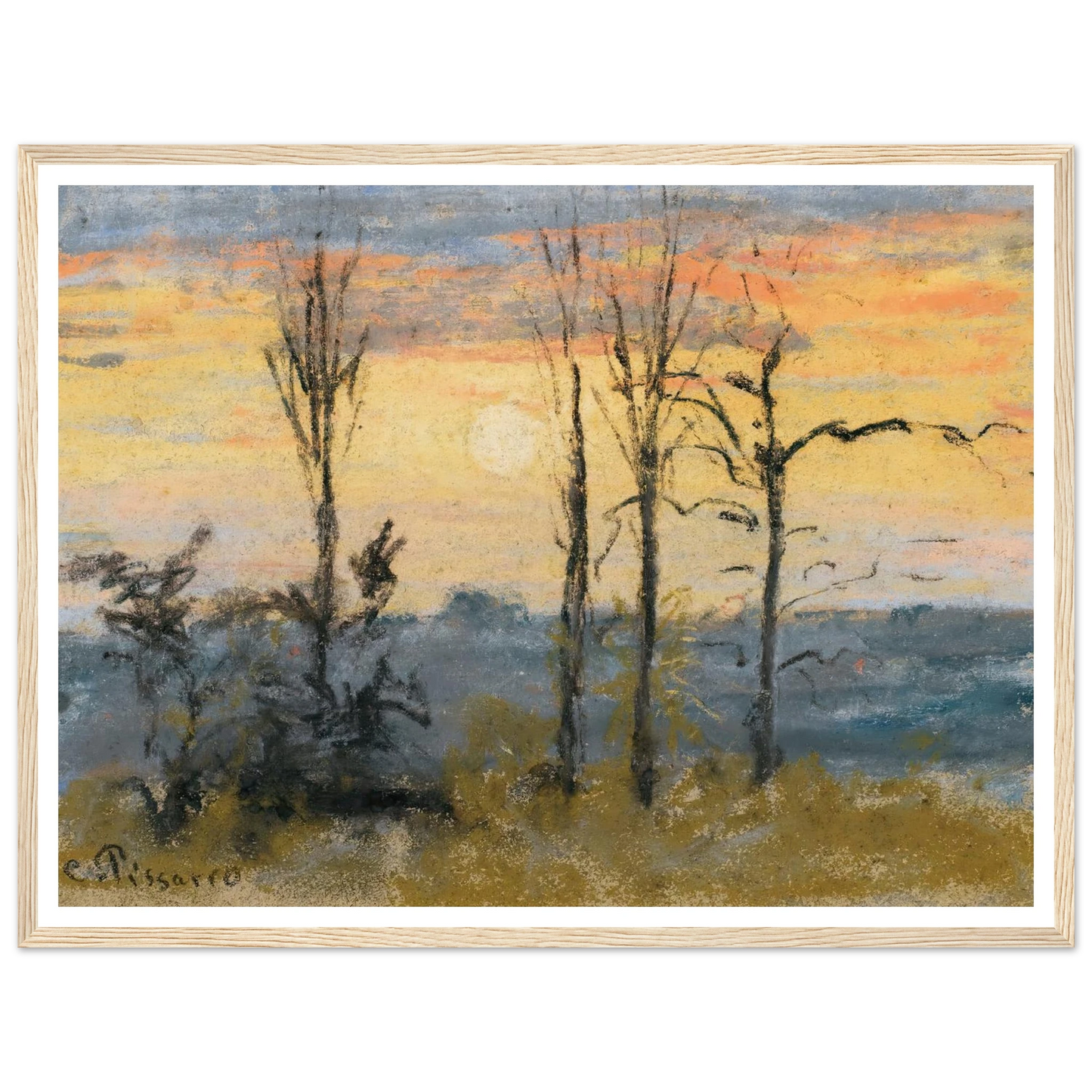 Coucher De Soleil Art Print | Camille Pissarro - Framed Poster - 30x40 cm / 12x16″ - Black frame