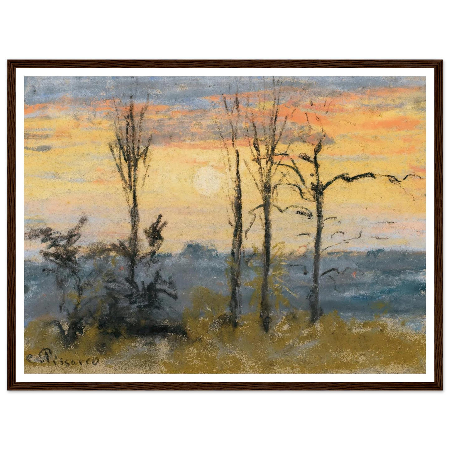 Coucher De Soleil Art Print | Camille Pissarro - Framed Poster - 30x40 cm / 12x16″ - Black frame