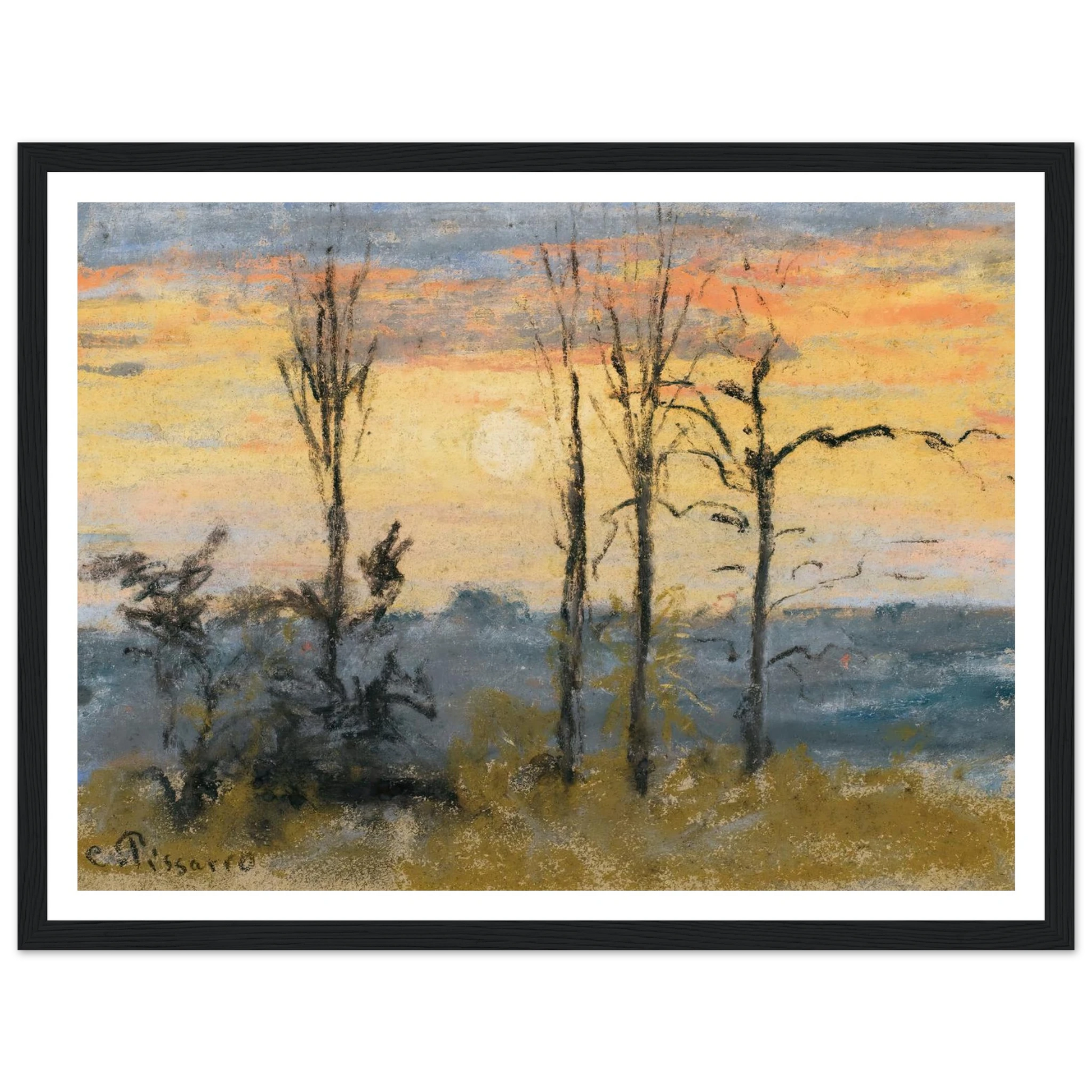 Coucher De Soleil Art Print | Camille Pissarro - Framed Poster - 30x40 cm / 12x16″ - Black frame