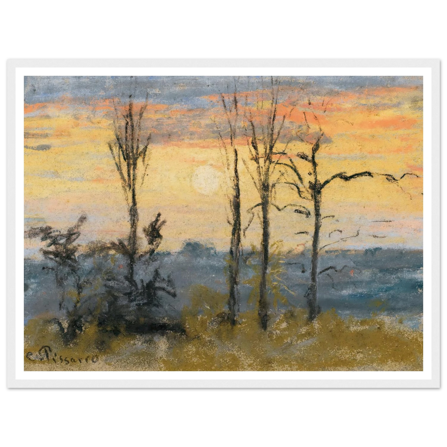 Coucher De Soleil Art Print | Camille Pissarro - Framed Poster - 30x40 cm / 12x16″ - Black frame
