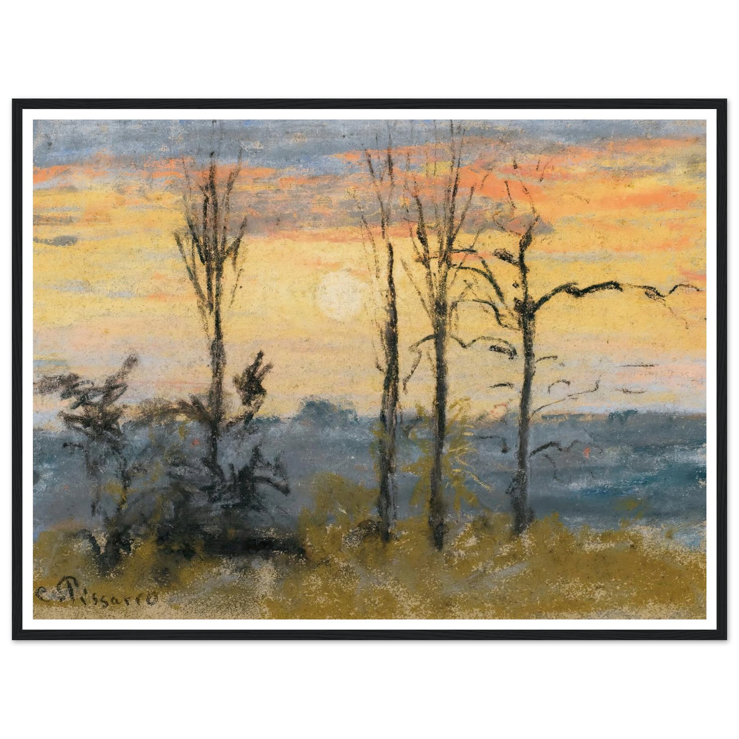 Coucher De Soleil Art Print | Camille Pissarro - Framed Poster - 30x40 cm / 12x16″ - Black frame