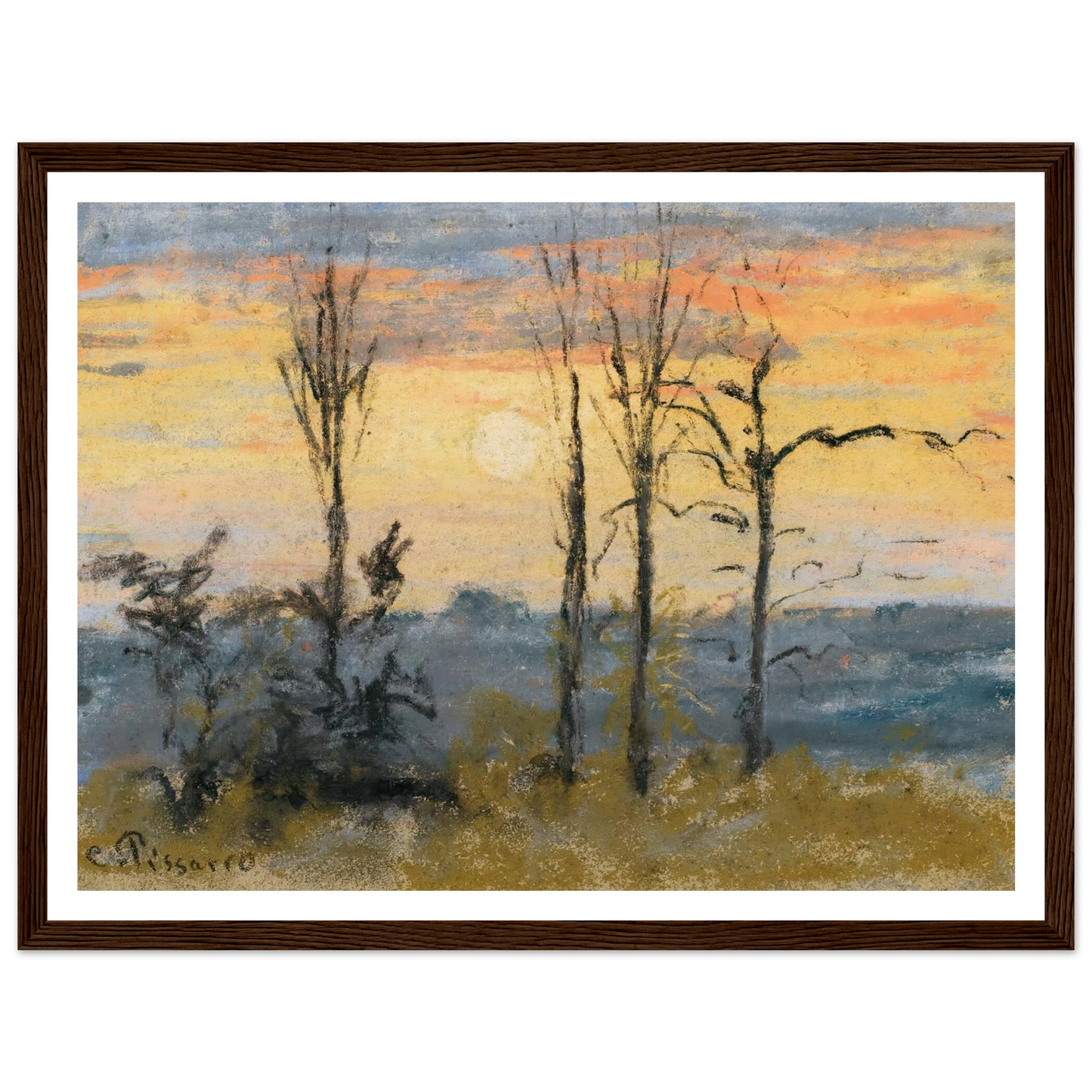 Coucher De Soleil Art Print | Camille Pissarro - Framed Poster - 30x40 cm / 12x16″ - Black frame