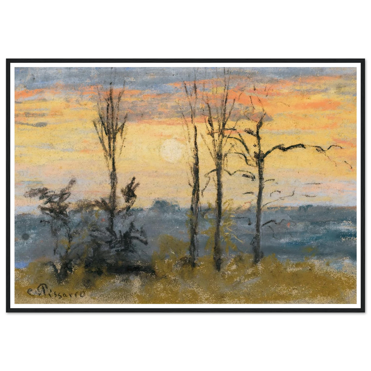 Coucher De Soleil Art Print | Camille Pissarro - Framed Poster - 30x40 cm / 12x16″ - Black frame