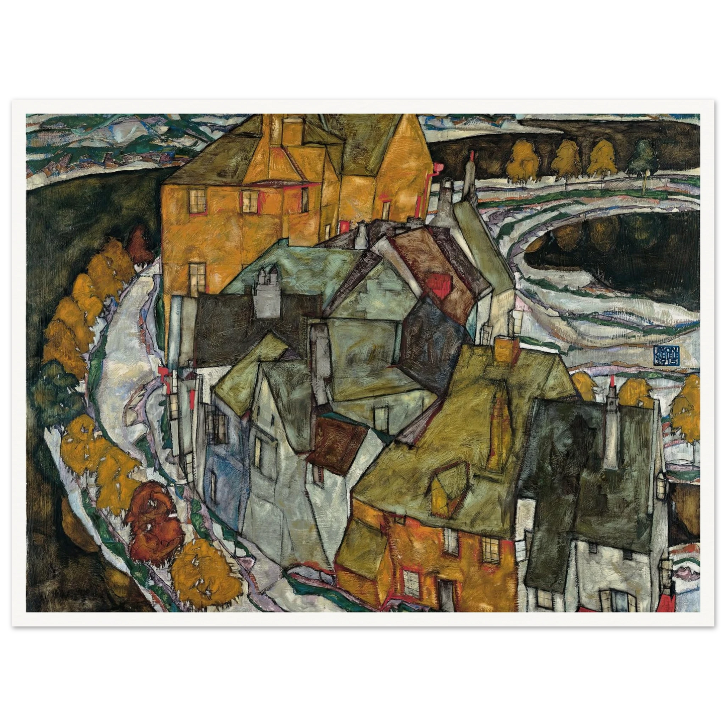 Crescent of Houses II (1915) Art Print | Egon Schiele - Framed Poster - 30x40 cm / 12x16″ - Black frame