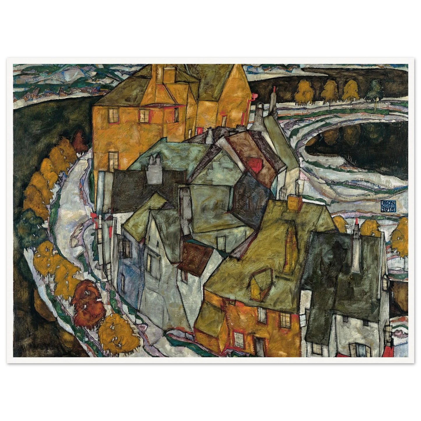 Crescent of Houses II (1915) Art Print | Egon Schiele - Framed Poster - 30x40 cm / 12x16″ - Black frame
